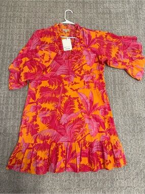 Fitzroy & Willa Pink & Orange V-Neck Ruffle Hem Casual Dress